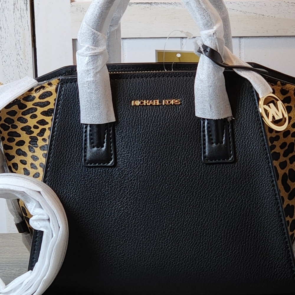 Michael Kors Avril Small Black Leather and Cheetah Print Calf Hair Satchel Bag - Picture 4 of 15